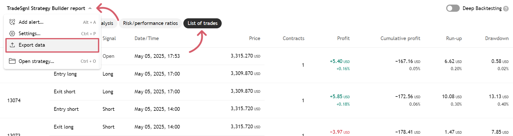 Exporting trades from TradingView