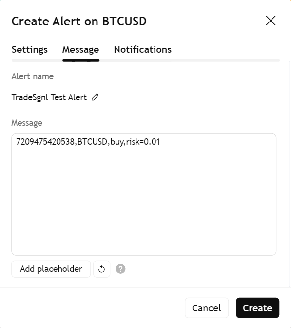 Setting up alert message in TradingView's Message tab