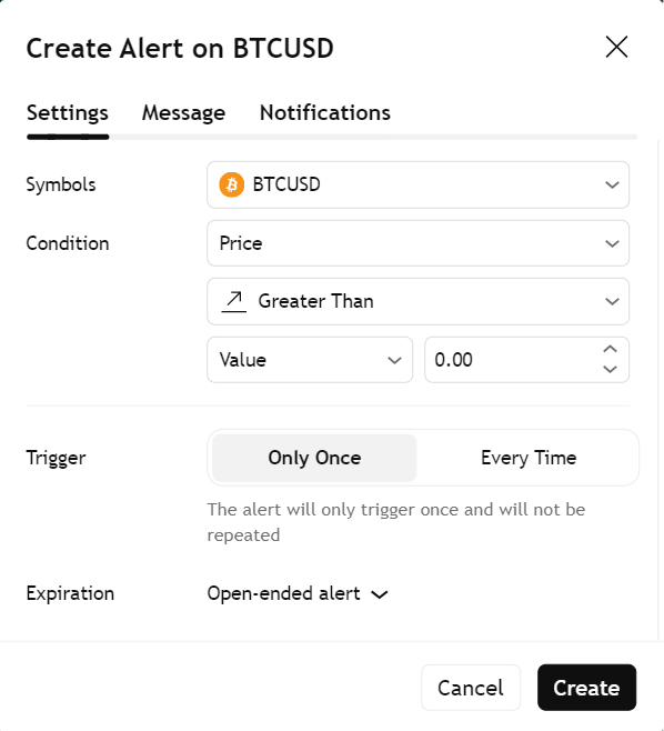 Configuring alert settings in TradingView