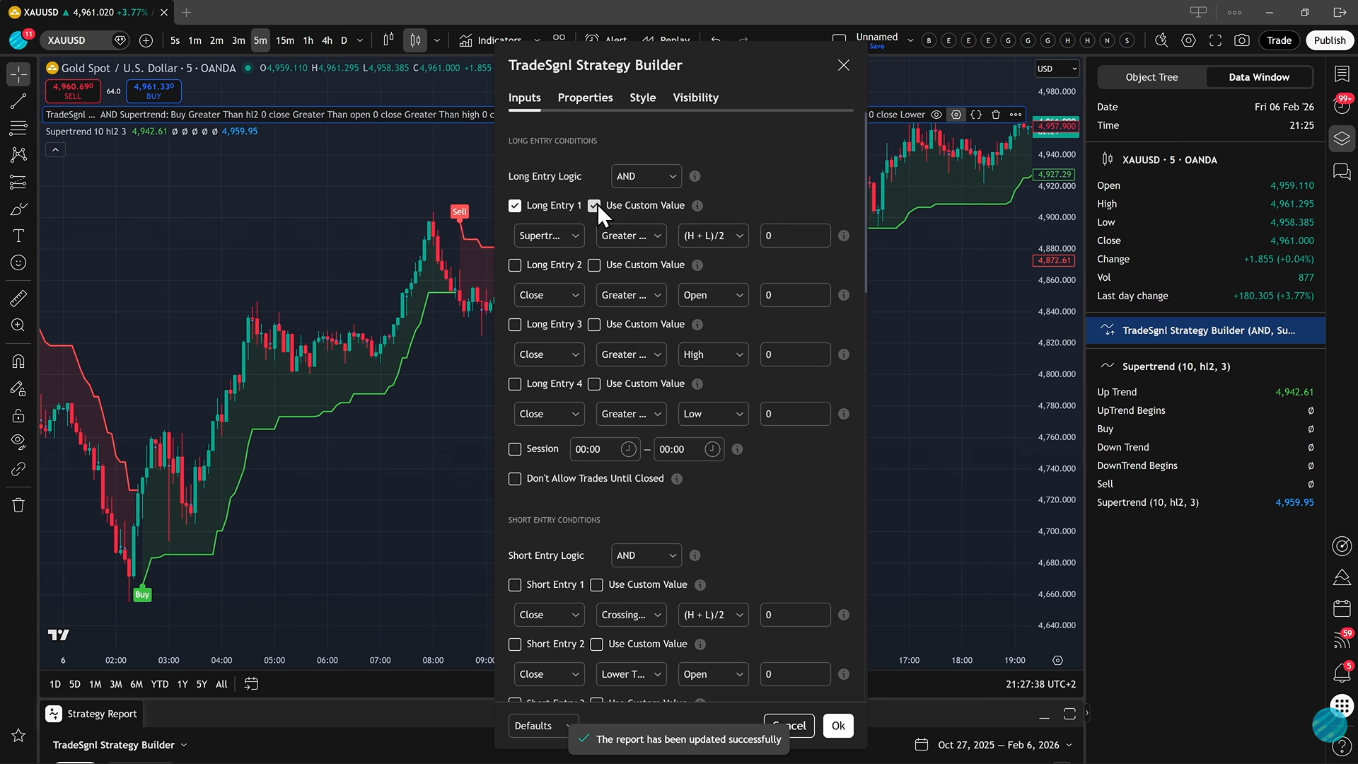 Configuring the Use Custom Value option in the Strategy Builder
